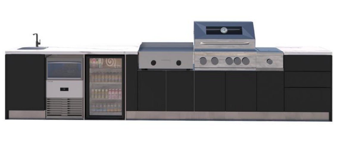 Fully Modular Black Stainless Steel Outdoor Kitchen with Grill, Side Burner, Griddle, Refrigerator, Ice Maker and Sink - Sunzout Outdoor Spaces LLC