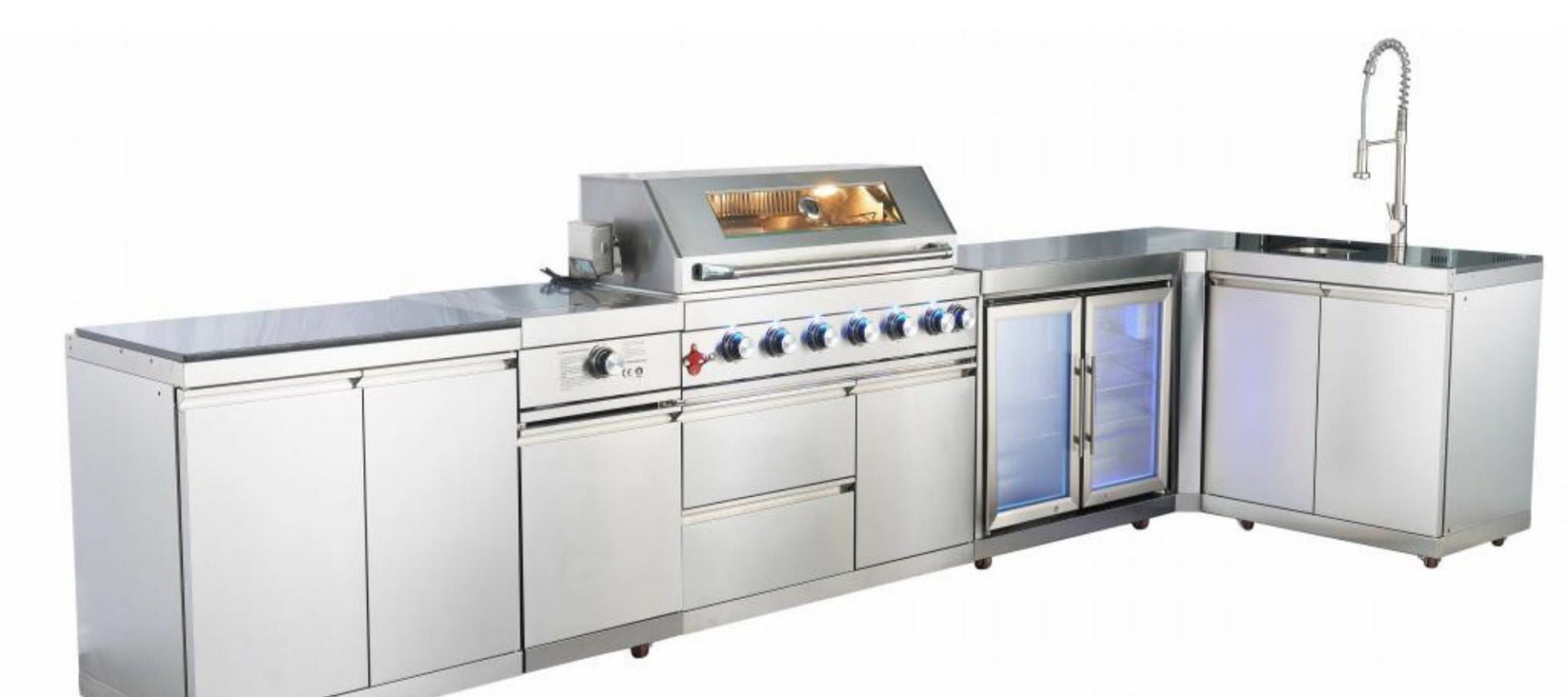 L Shaped Modular Outdoor Kitchen with Grill, Side Burner, Double Fridg ...