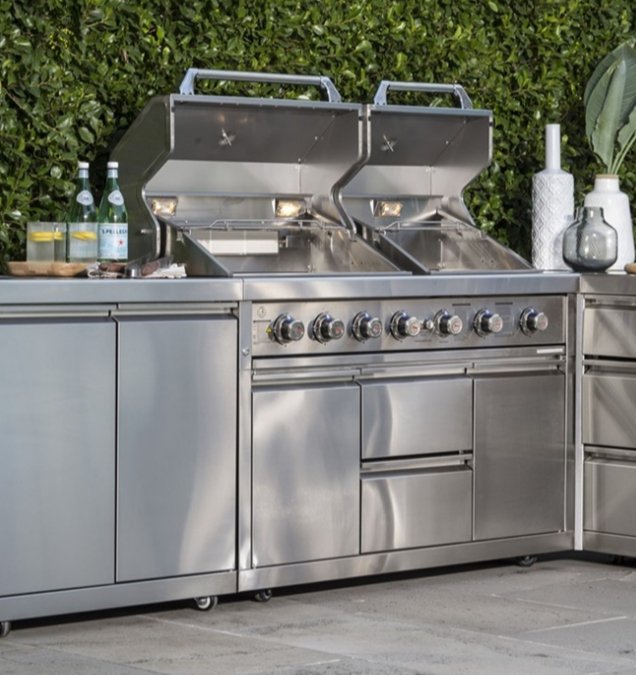 L-shaped Stainless Steel Modular Outdoor Kitchen with Double BBQ, Double Refrigerator and a Sink. 8ft by 7ft - Sunzout Outdoor Spaces LLC