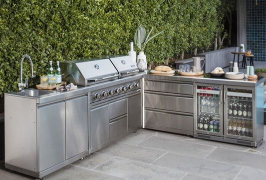 L-shaped Stainless Steel Modular Outdoor Kitchen with Double BBQ, Double Refrigerator and a Sink. 8ft by 7ft - Sunzout Outdoor Spaces LLC