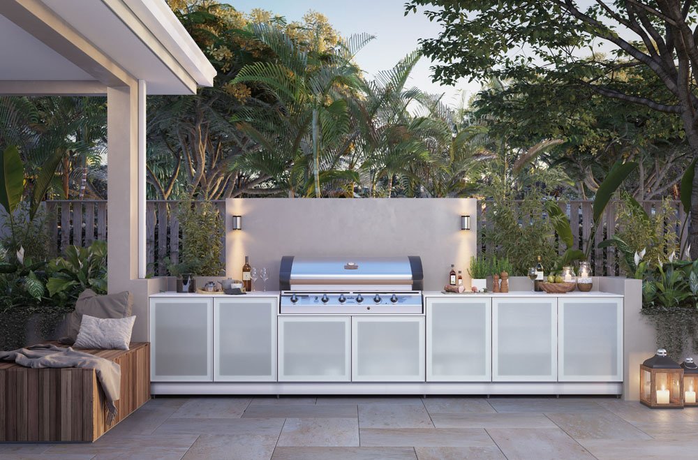 Modern Stainless Steel Modular Outdoor Kitchen with Tempered Glass Doors and a 7 Burner Luxury Built in Grill - Sunzout Outdoor Spaces LLC