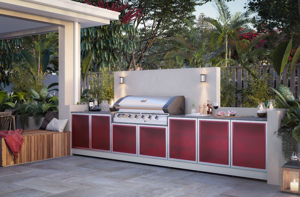 Red Stainless Steel Modular Outdoor Kitchen island with Tempered Glass Doors and a built in 7 burner grill - Sunzout Outdoor Spaces LLC