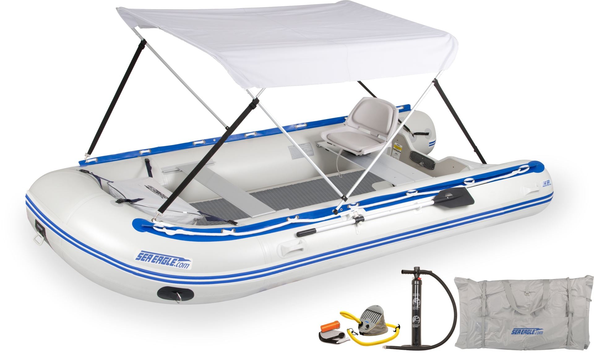 Sea Eagle 14' Sport Runabout Inflatable Boat Drop Stitch Swivel Seat & Canopy Package - Sunzout Outdoor Spaces LLC