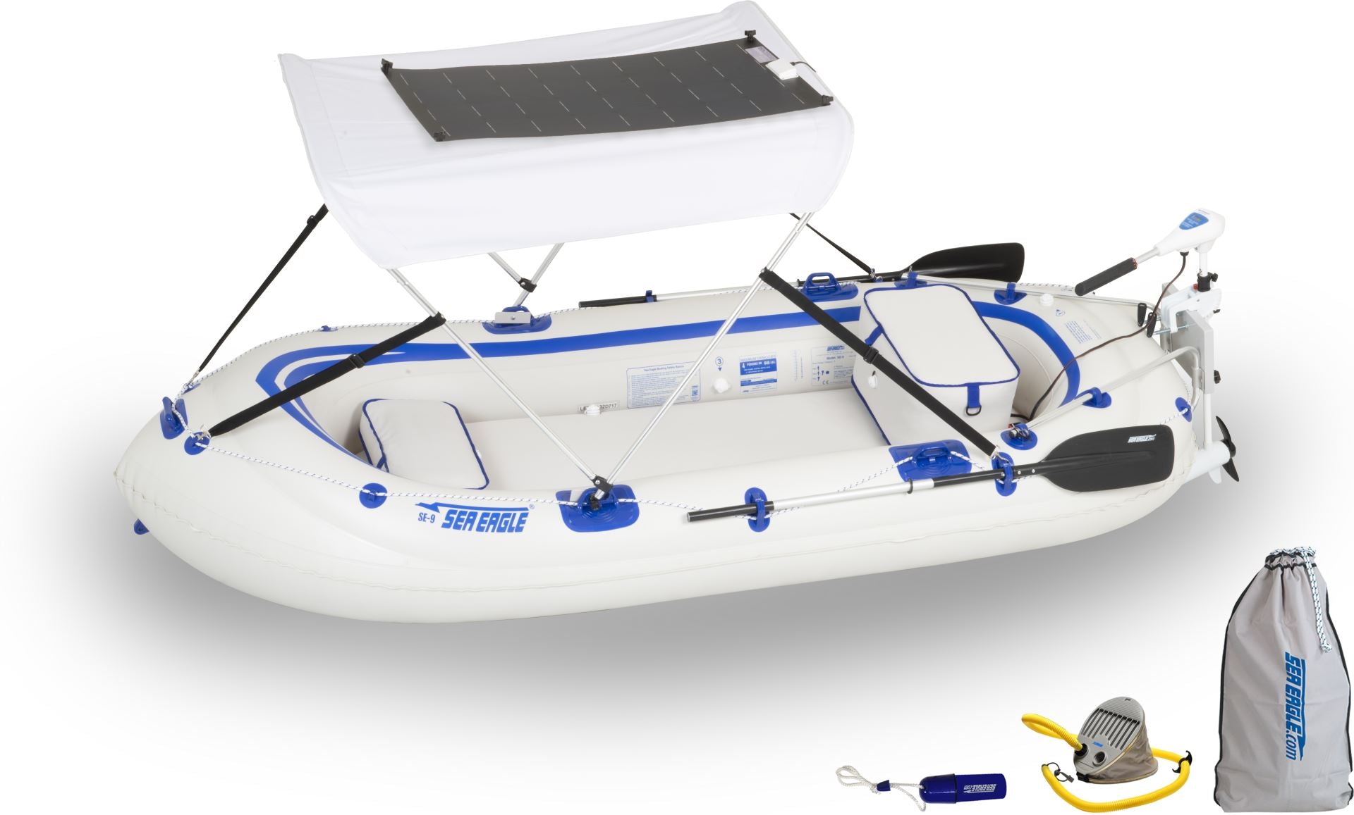 Sea Eagle 9 Inflatable Boat Watersnake Motor Solar Canopy Package - Sunzout Outdoor Spaces LLC
