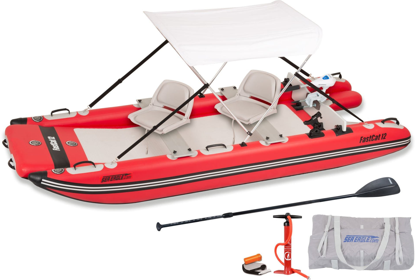 Sea Eagle FastCat12 Catamaran Inflatable Boat Watersnake Motor Canopy Package