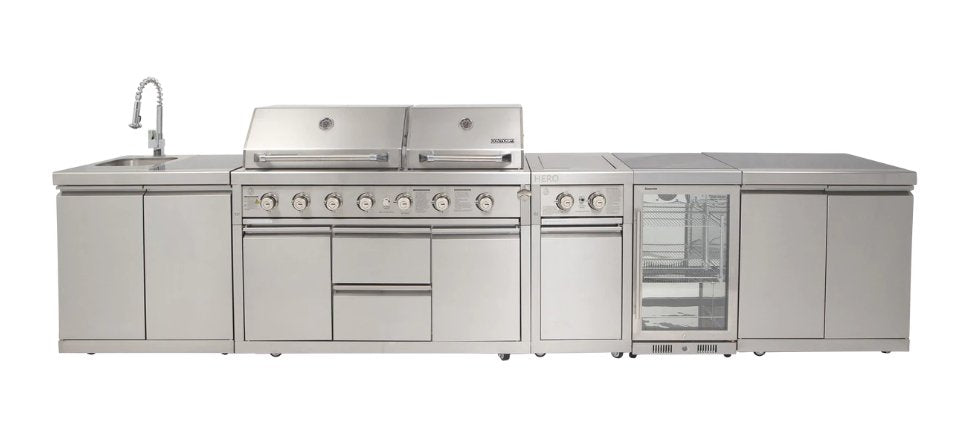 Stainless Steel Modular Outdoor Kitchen with Built in Double Grill, Refrigerator, Side Burner, Sink and storage cabinets. - Sunzout Outdoor Spaces LLC