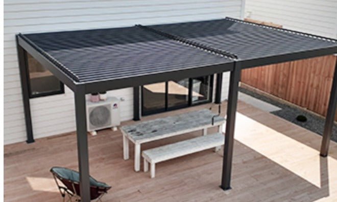 Standard Size Aluminum Pergola kit with Motorized Louvered Roof, 4 inch posts - Sunzout Outdoor Spaces LLC