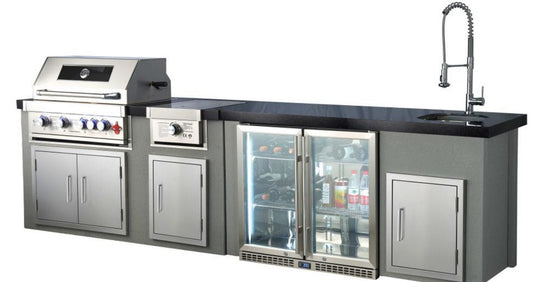 Sunzout Brand 130" Grey Stone Outdoor Kitchen with Grill, Side Burner, Sink and Double Refrigerator - Sunzout Outdoor Spaces LLC