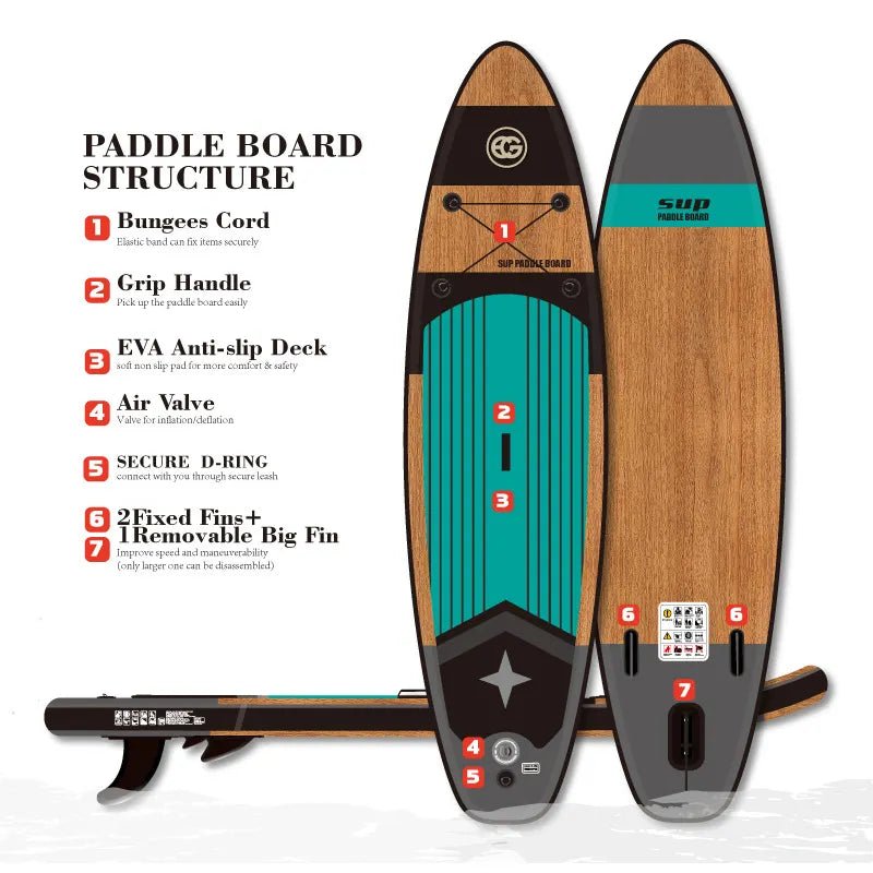 Sunzout Inflatable Stand-Up Paddleboard (SUP) with Wood Grain Design - Sunzout Outdoor Spaces LLC