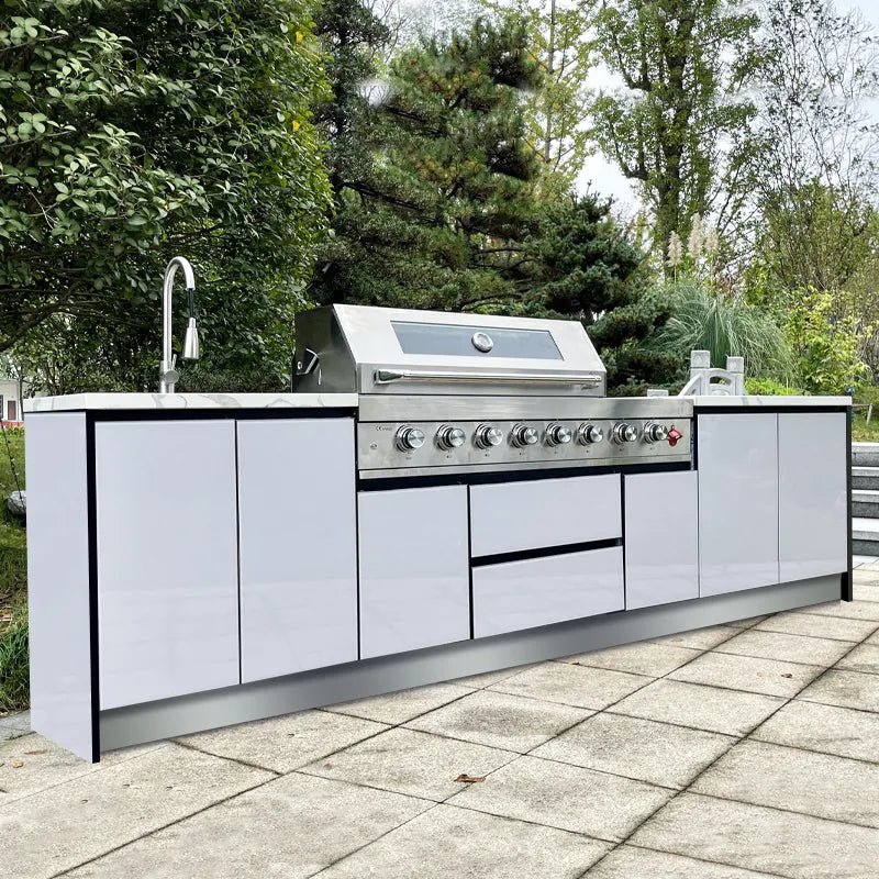 White Stainless Steel Modular Outdoor Kitchen with 7 Burner Grill, Side Burner and Sink - Sunzout Outdoor Spaces LLC